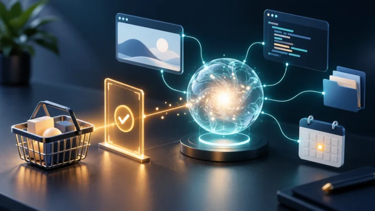 Conceptual AI agents connected to browser, code, files and calendar tools beside a purchase approval gate